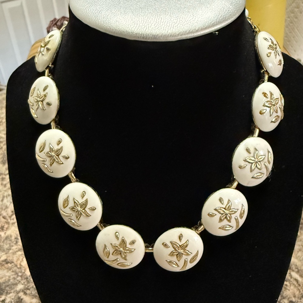 Signed Coro  Gold and Cream Floral Necklace